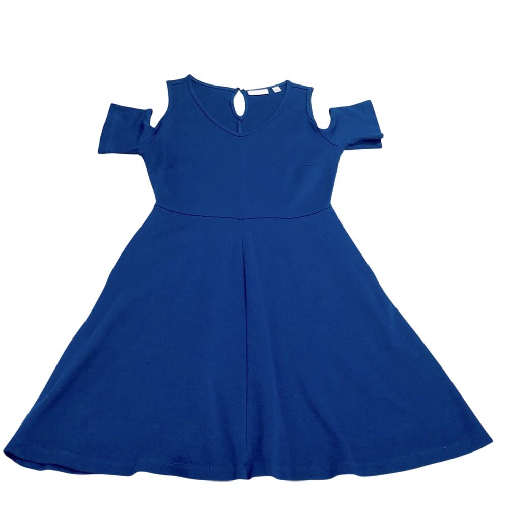 New York & Company Cobalt Blue Cold Shoulder Dress Flattering Fit & Flare Design - Picture 12 of 16
